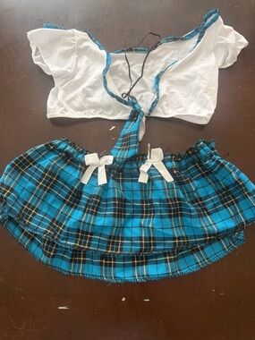 Blue Plaid Schoolgirl Two-Piece Set with White Tie-Front Top
